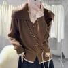Women's 100% Wool Color Block Sailor Collar Cardigan - Thickened, Single-Breasted, Age-Reducing Knit for Autumn/Winter