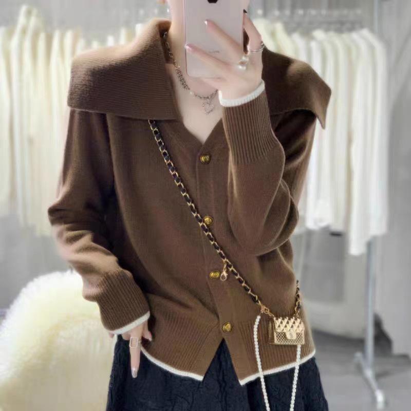 Women's 100% Wool Color Block Sailor Collar Cardigan - Thickened, Single-Breasted, Age-Reducing Knit for Autumn/Winter