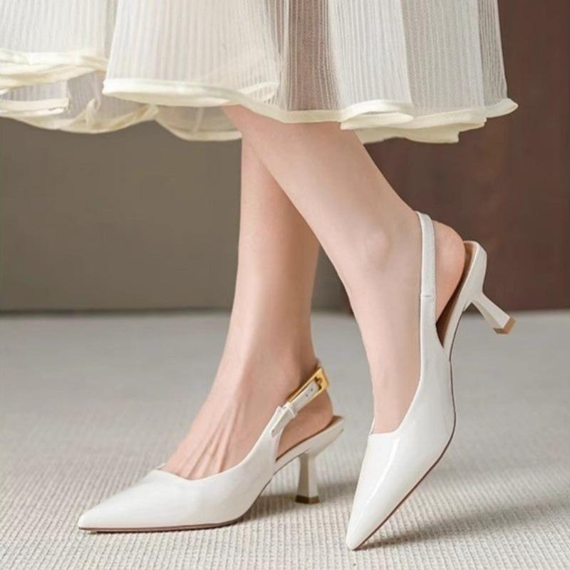 Fashion Stiletto Heels Women's Summer New Pointed Toe One Buckle Strap Wrapped Toe Patent Leather Back Empty Sandals