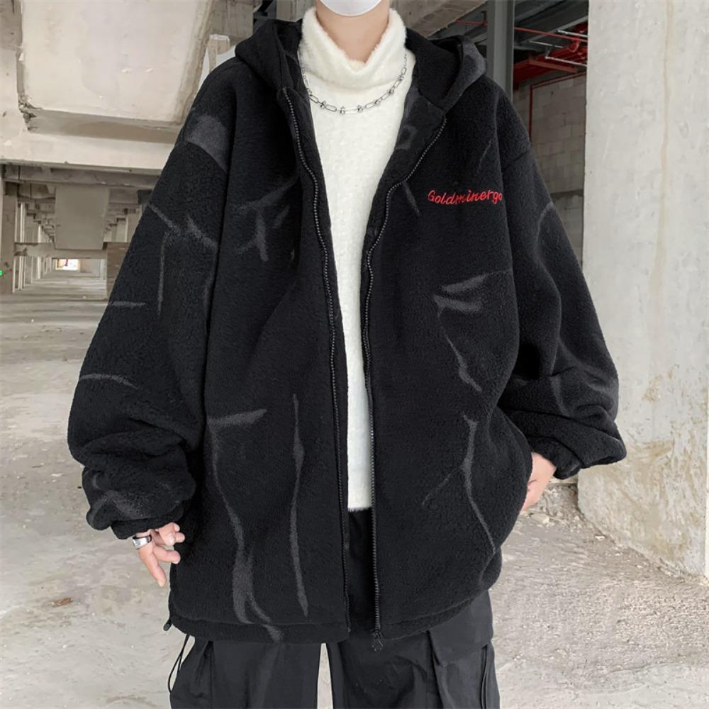 Lamb wool cotton-padded clothes thickened warm cotton-padded clothes men's loose hooded cotton-padded jackets loose coats