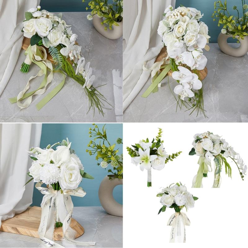 Elegant Flower Bouquet Faux Silky Flowers Stylish White Realistic Rose and Calla Flower Bouquet Set for Event