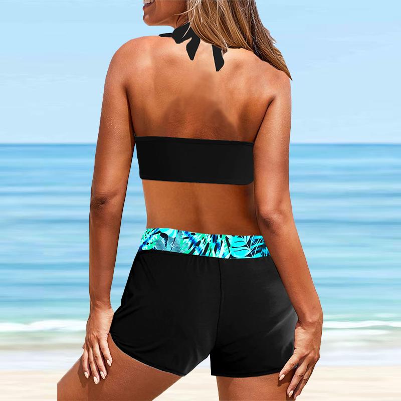 Women's Hanging Neck Style Swimsuit Light Blue Tree Shadow Print Bikini Tankini Swimsuit
