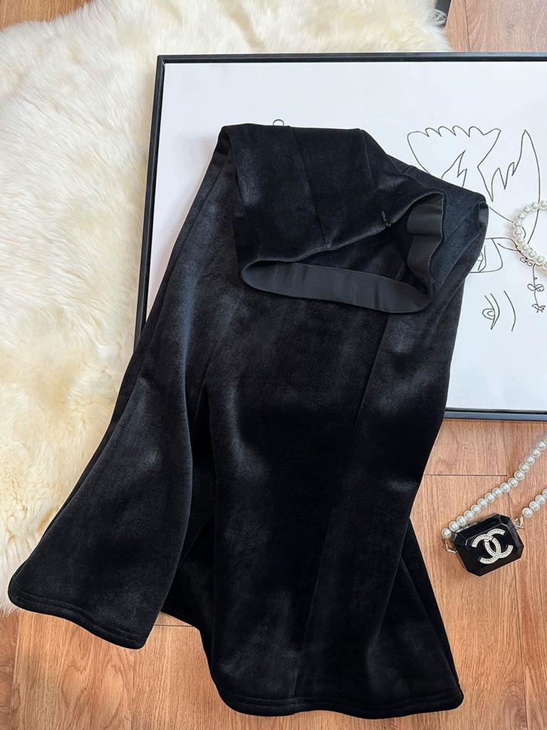 Women's High-Waisted Black Velvet Fishtail Midi Skirt - Fleece-Lined, Thickened, Slimming A-Line for Autumn/Winter
