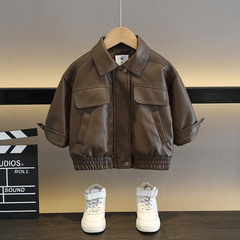 

Кожаная куртка для мальчиков на весну и осень 2025 года - Стильная и модная бордовая модель для детей 100 cm коричневый