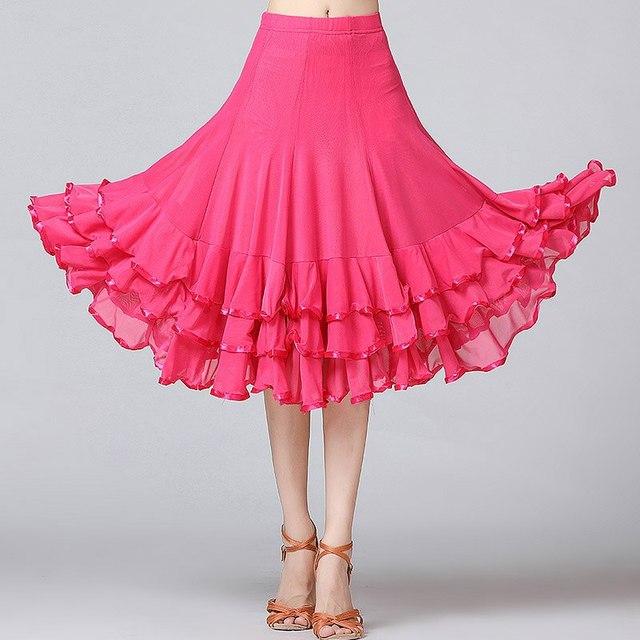 Woman Solid Ballroom Waltz Dance Ruffles Skirt Modern Tango Skirt Medium Length Dance Skirts