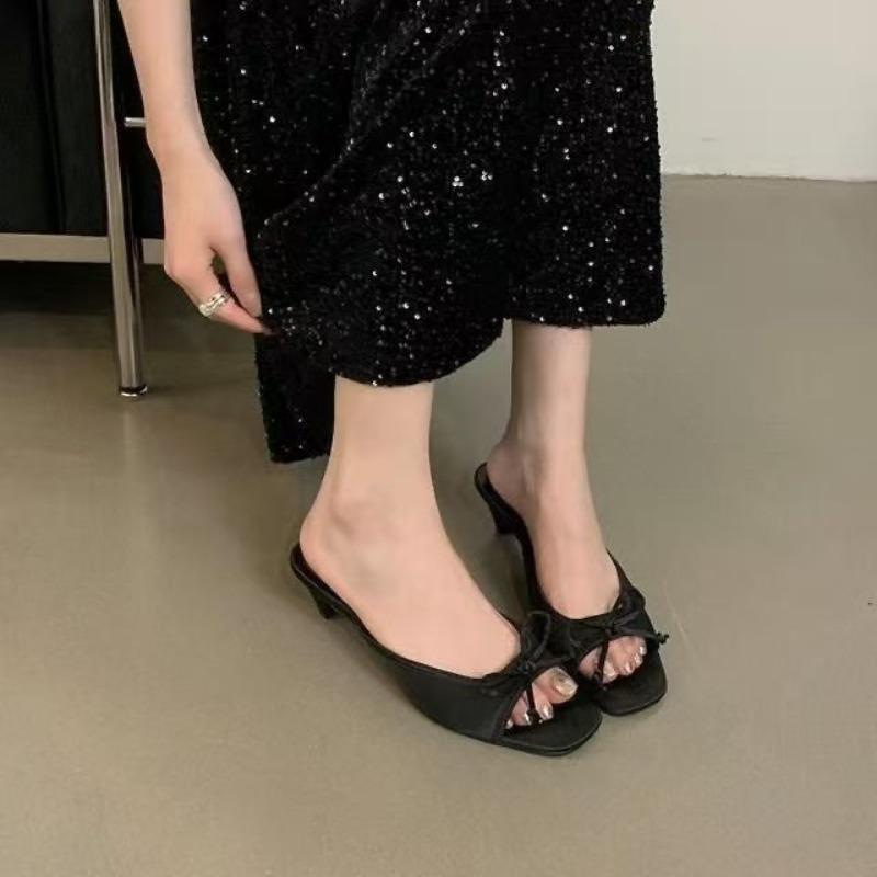 Fashion Summer New Butterfly Knot Small Heel Slippers Square Toe Open Toe Temperament Non-Slip Kitten Heel Slippers