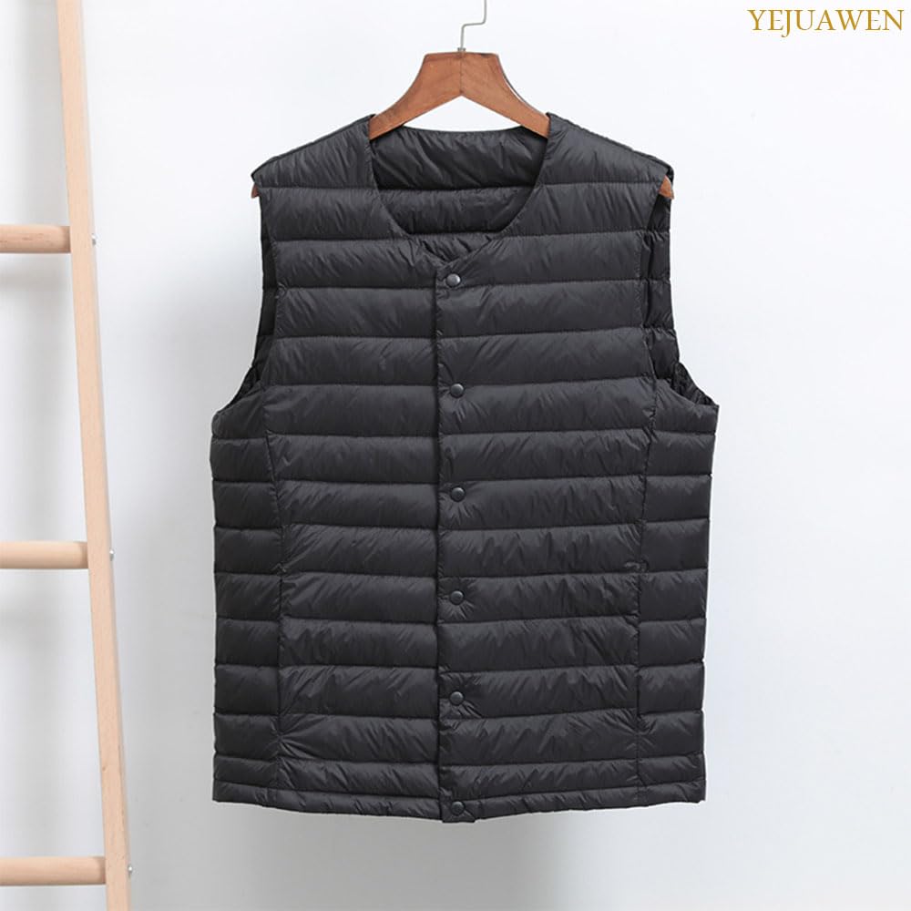 YEJUAWEN Ultralight Down Lightweight and Warm for Fall and Winter Men's Vest, Collarless, (WEN013) (L, Black)