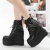 Fashion 14CM Gothic Black Ankle Boots For Women Plus High Heel Female Shoes Lace-Up Nigh Club Black Sexy Rivets Chain Short Boots