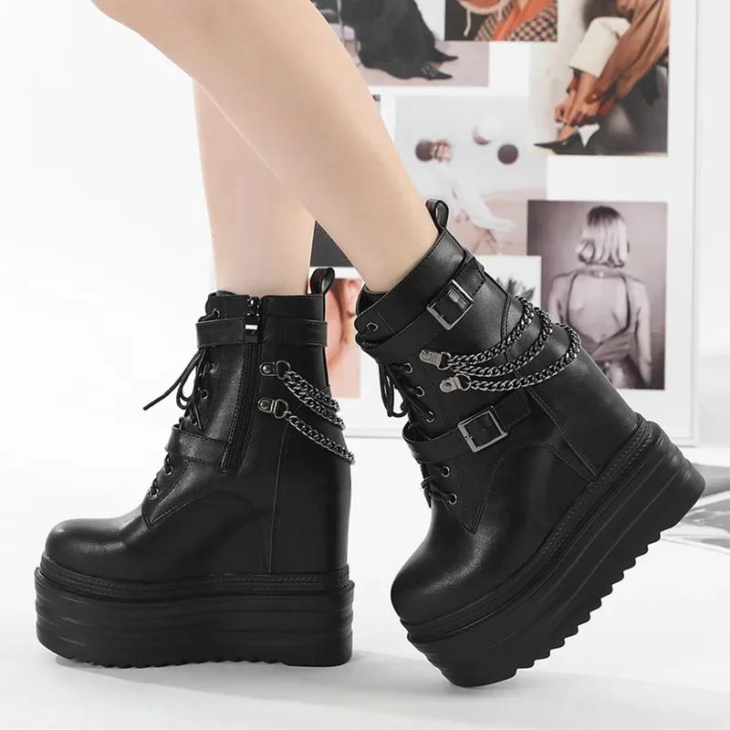 Fashion 14CM Gothic Black Ankle Boots For Women Plus High Heel Female Shoes Lace-Up Nigh Club Black Sexy Rivets Chain Short Boots