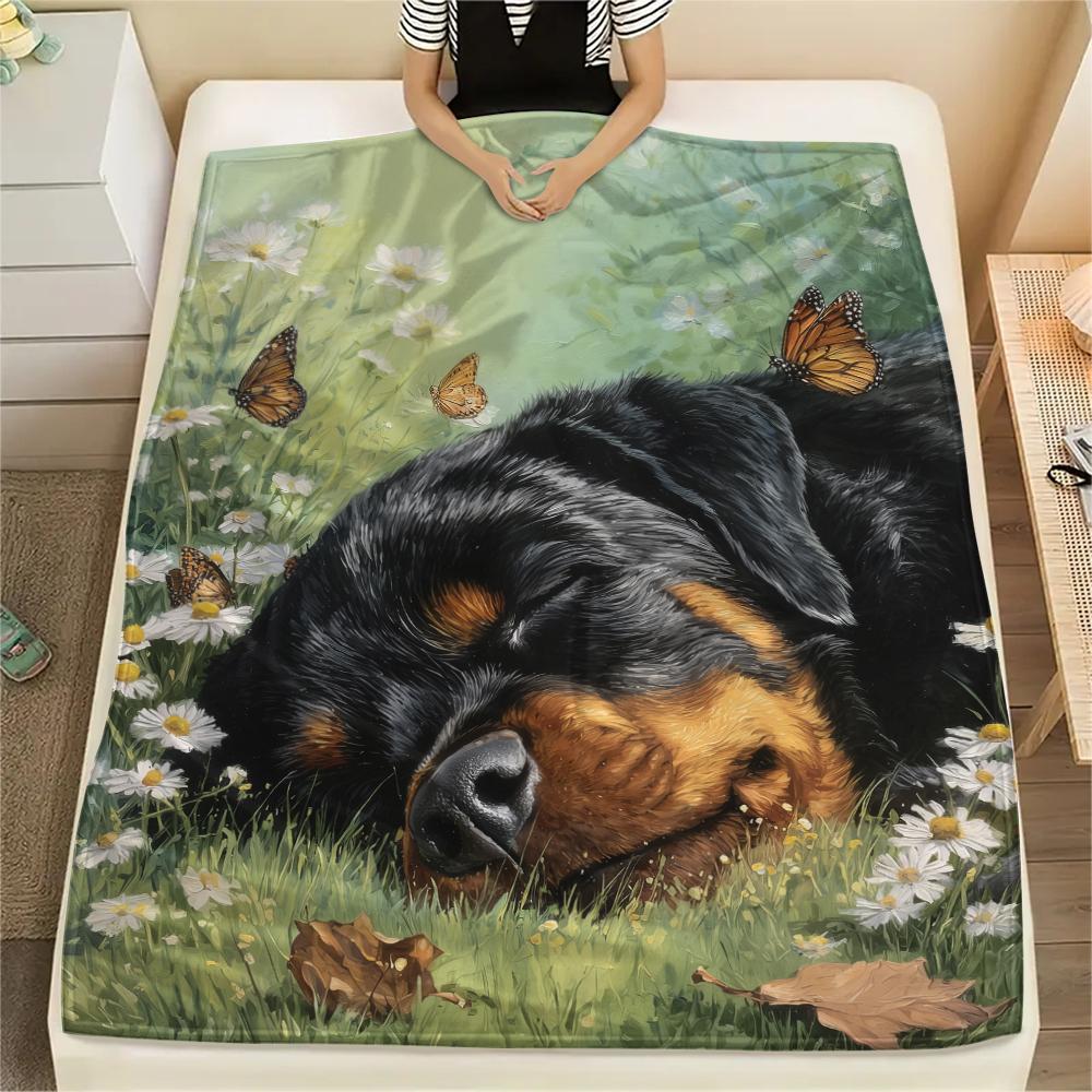 Rottweiler and Grass,pattern Flannel Blanket, High quality Comfortable for All Seasons, Home Decor, Warmth and Comfort, Perfect for Gifts.