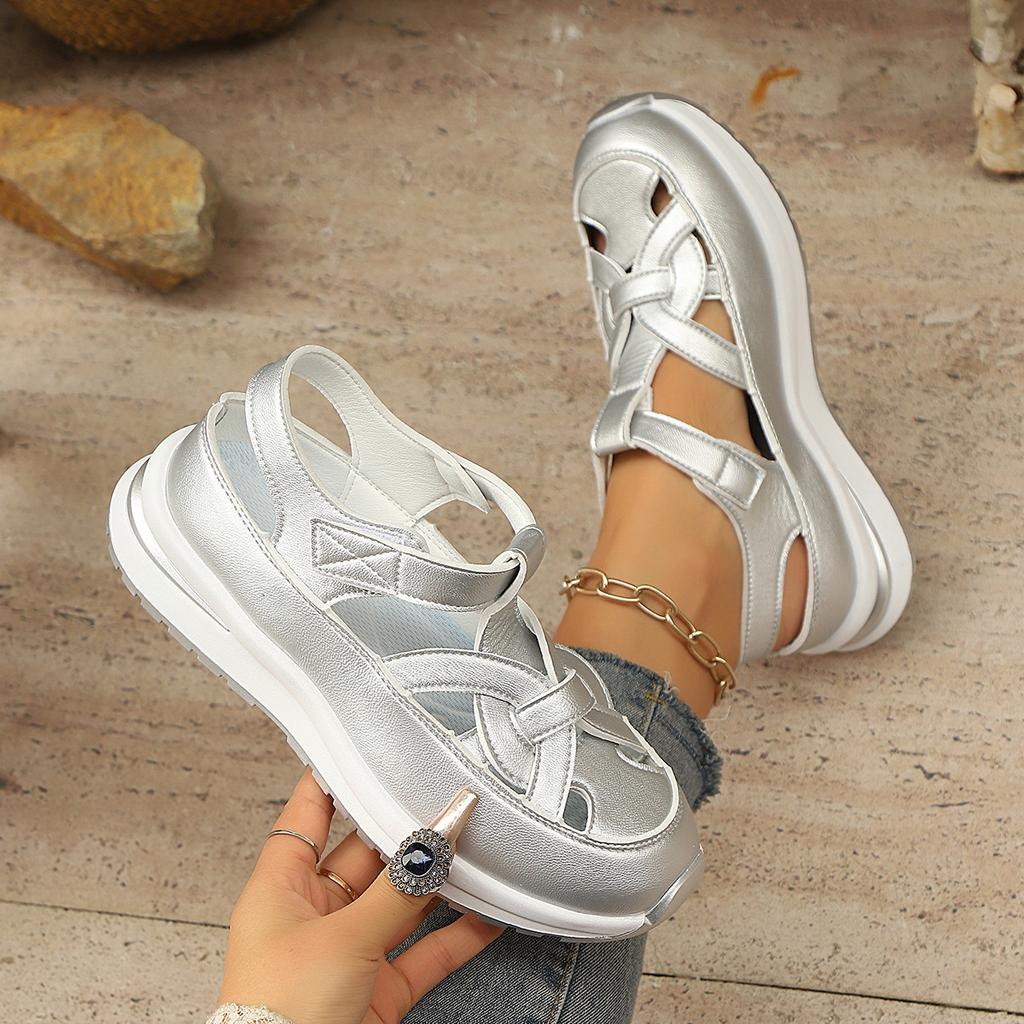 Letní nové sandály na klínku s taškou, duté prodyšné dámské boty pro zahraniční obchod, velká velikost, muffinová silná podrážka, na suchý zip