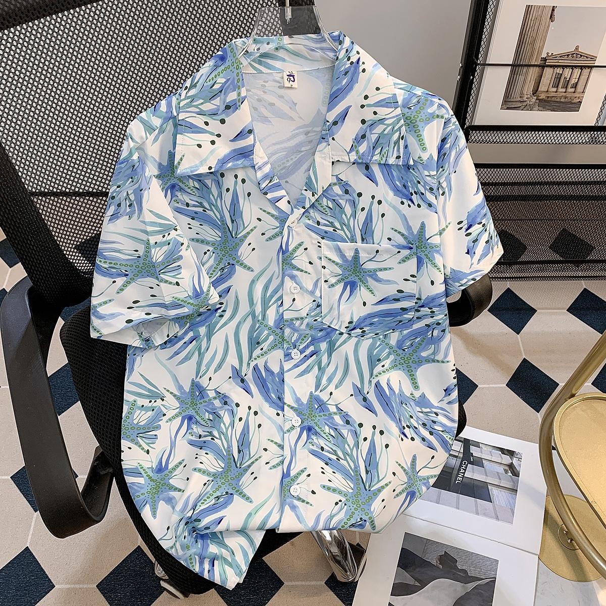 Ремешок Сельская Растение Цветочный Принт Кубинский Воротник Короткий Рукав Рубашка с Принтом Мужская Гавайская Японский Стиль Ретро Гонконгский Стиль Повседневная Верх 3XL синий