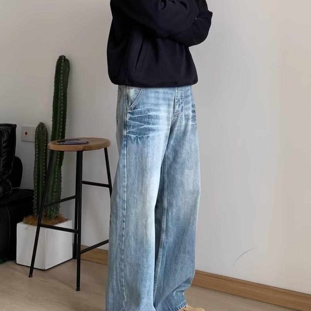 High Street Denim Pants For Men, Retro Distressed, Loose Straight Leg Pants, Wide Leg Sports Pants, Trendy