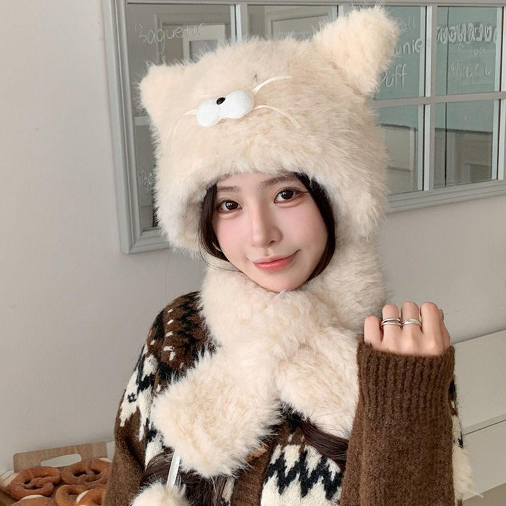 Plush Cat Ears Hat Knitted Cycling Balaclava One Piece Ear Protection Hat  Winter Season