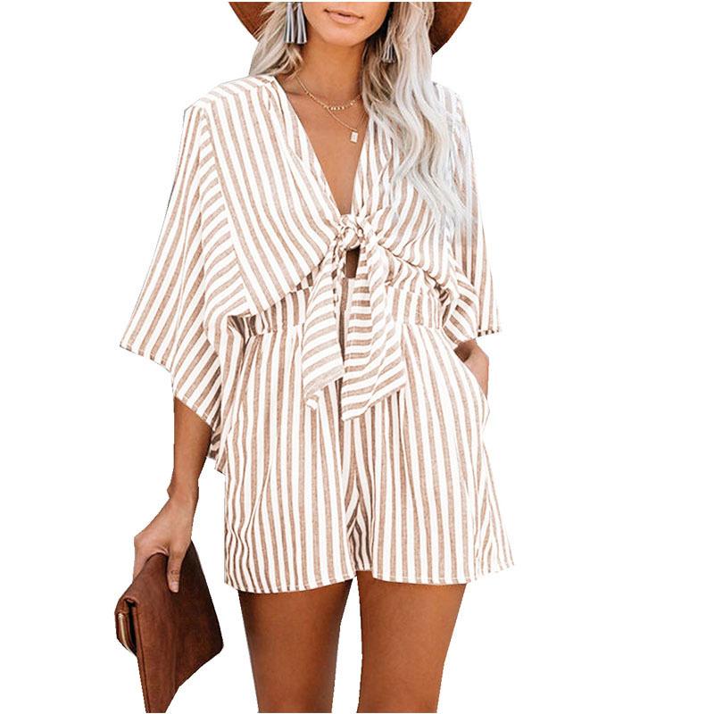 Summer Waist Slimming Striped Jumpsuit Women's Deep V Bell Sleeve Three-quarter Pants