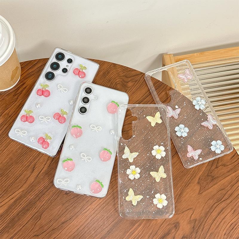 Three-Dimensional Strawberry Cherry Mobile Phone Case For Samsung A14 Butterfly S25Ultra Glitter S24Plus Bow Women
