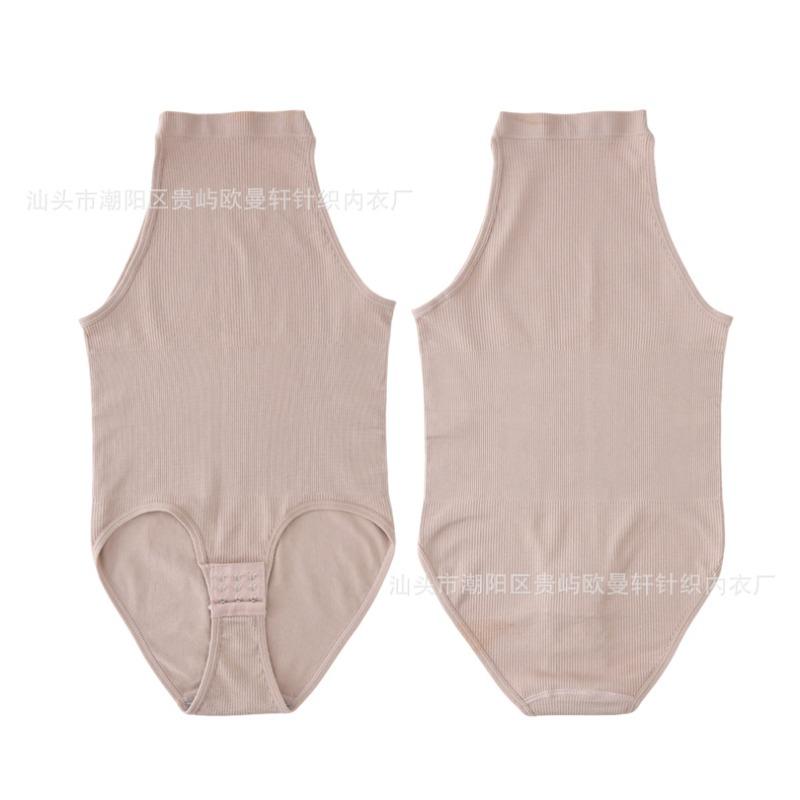 Round-neck, sleeveless, outerwear-friendly, button-down, form-fitting bodysuit with a tummy-tucking design and a thong-style shapewear