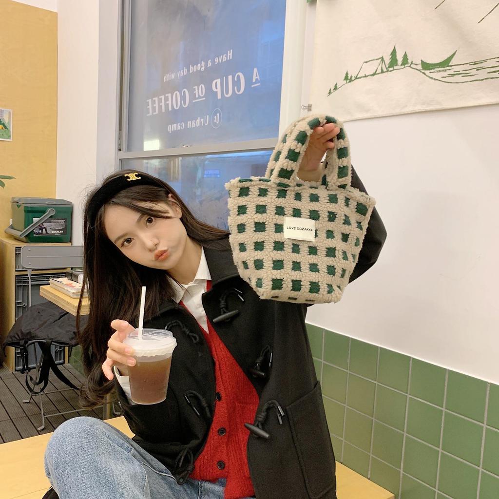 21084 New Lambswool Waffle Handheld Tote - Women's Large Capacity Autumn/Winter Handbag