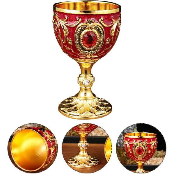 Amosfun 2.7 Inch Retro Goblets Metal Wine Cups Royal Chalices Medieval European Style Embossed Drinking Cups Party Favors 30ml Red