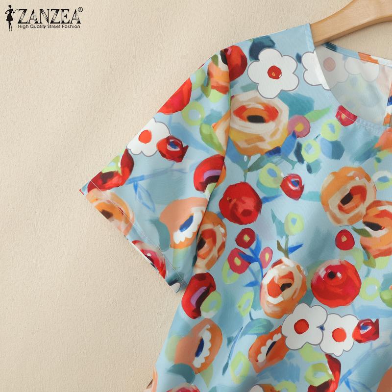 ZANZEA Women Casual Round Neck Summer Short Sleeve Print Blouse