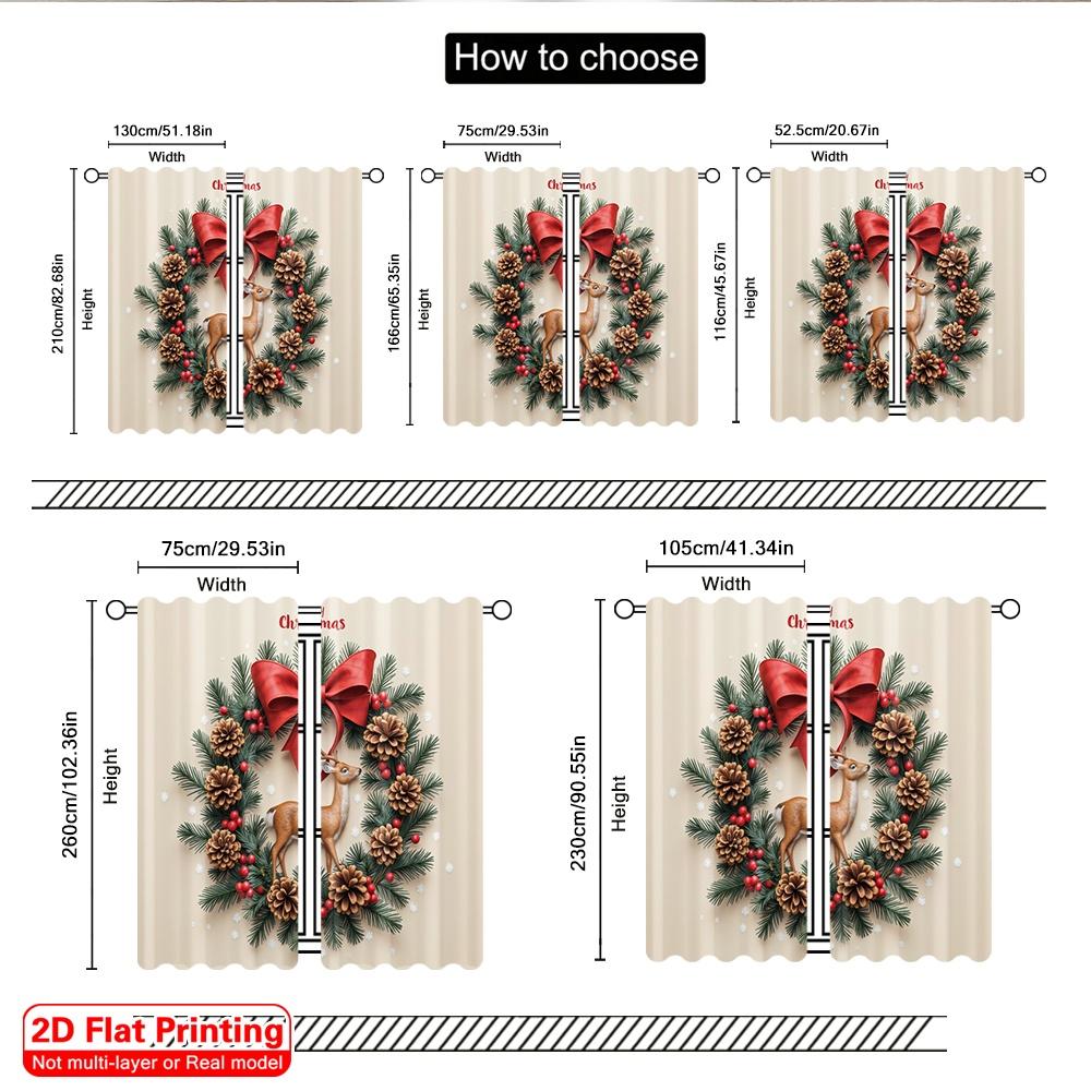2pcs 2D Flat Printing Merry Christmas Drapes Merry Christmas Moose Wreath Polyester Without Electricity Festive Curtains Use for
