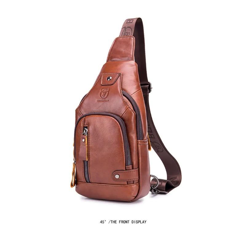 2024 New 100% Cowhide Leather Casual Fashion Crossbody Chest Bag Men's Leather Bag USB Charging Travel Shoulder Bag Daypack Male