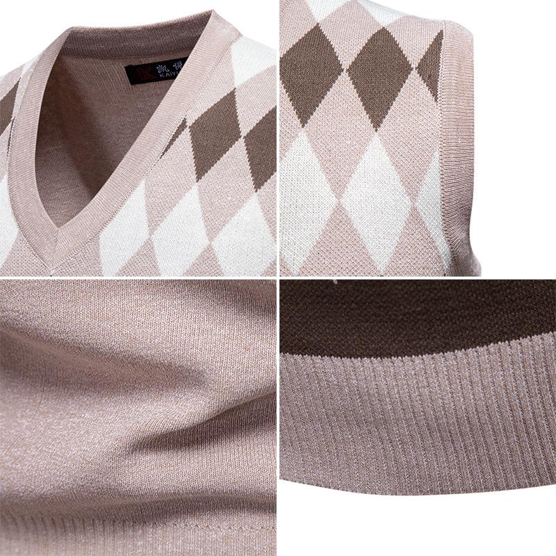 Men's Trendy V-Neck Plaid Color Block Knit Vest - Autumn/Winter Casual Warm Layer