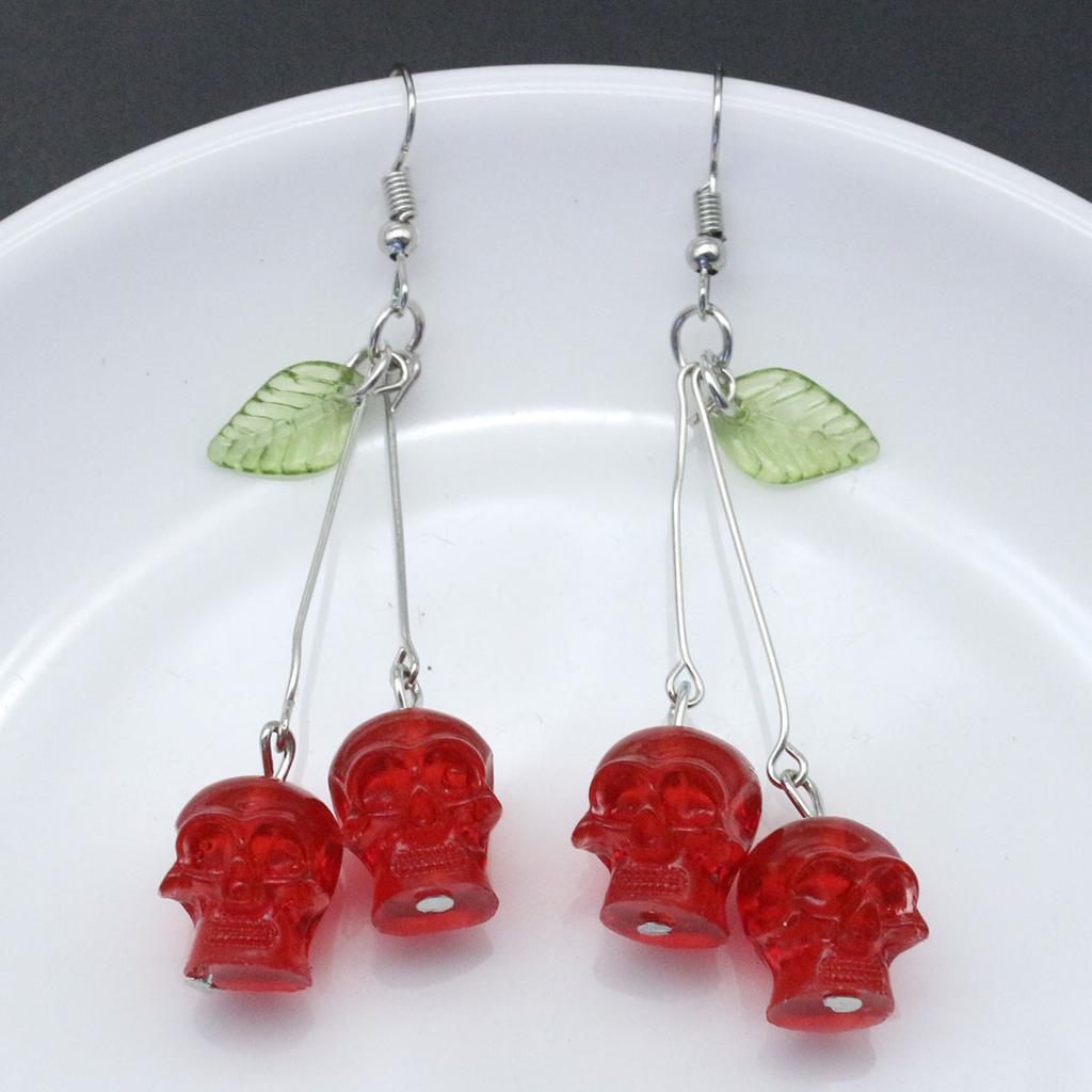 1 Pair of Red Cherry Skull Earrings with Hanging Rings, Gothic Acrylic Halloween Party Earrings, Men's and Women's Jewelry Gifts