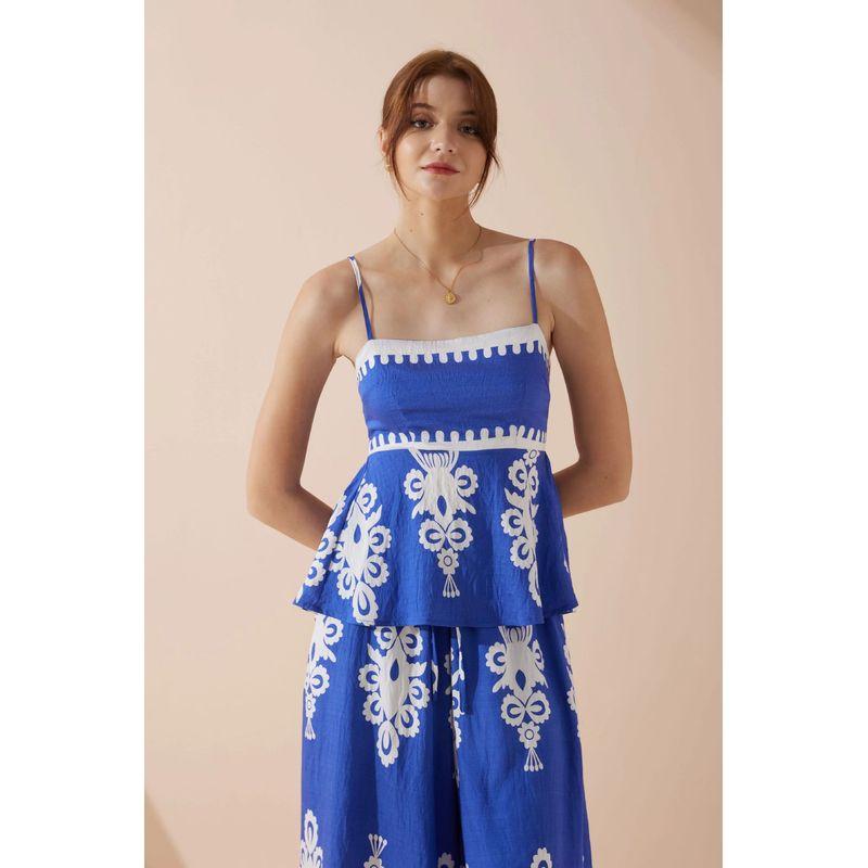 

Fashion Summer Ethnic Style Elegant Slim Fit Backless Suspender Suit Temperament Pants Set Blue L