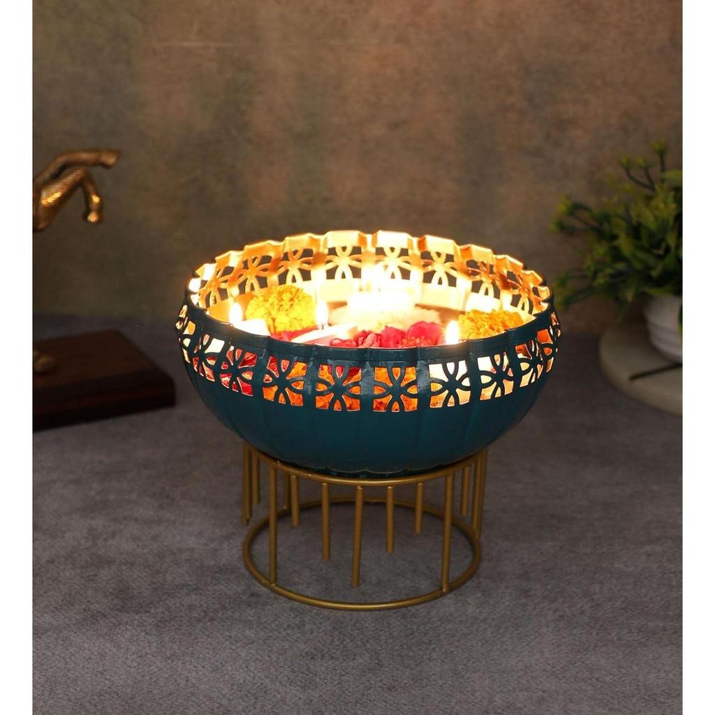 Two Moustaches 8 Inches Decorative Metal Urli with Stand, Urli for Home Decor, Flowers Decoration Bowl