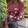Women's Winter Slim-Fit Base Layer T-Shirt Fashionable Christmas Print V-Neck Pullover Long-Sleeved Top