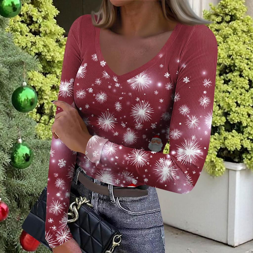 Women's Winter Slim-Fit Base Layer T-Shirt Fashionable Christmas Print V-Neck Pullover Long-Sleeved Top