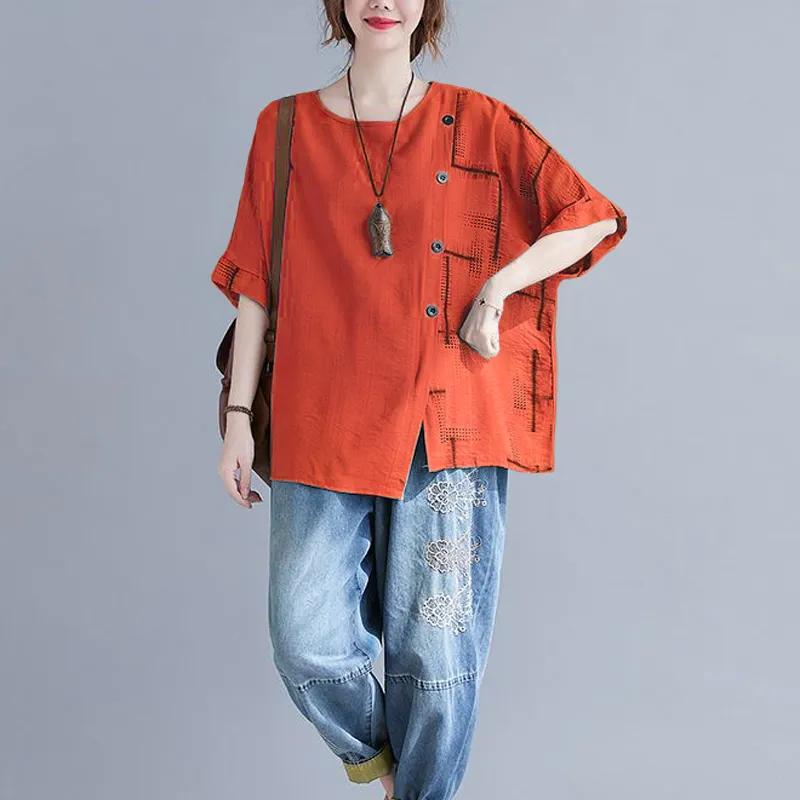 Women's Summer Design Personalized Loose Top Artistic Short Sleeved Round Neck Asymmetrical T-shirt