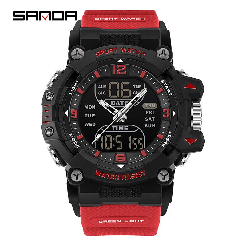 SANDA Men's Multifunction Sport Watch: Waterproof, Countdown, Dual Display, Fashionable Student Wristwatch.