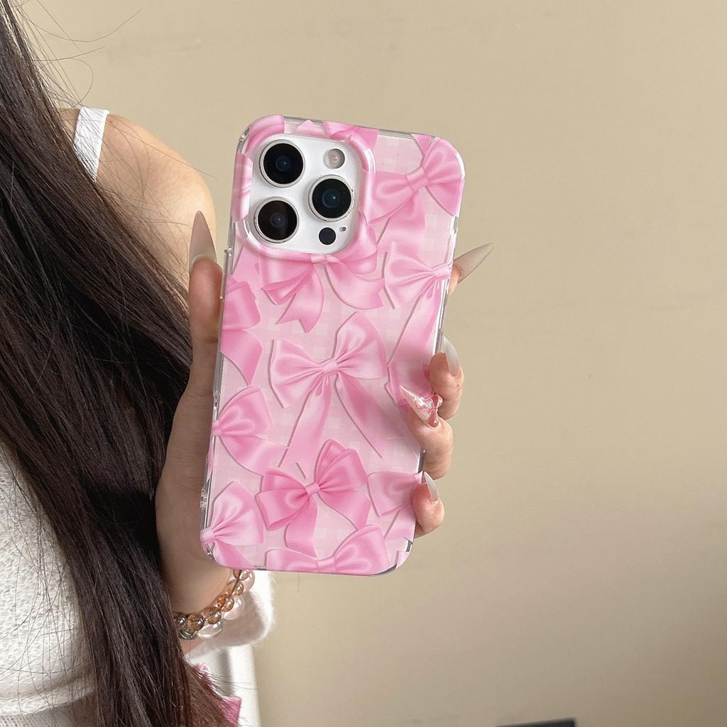 Mädchenhaftes Karomuster Rosa Schleife Geeignet für Apple 16 Handyhülle iPhone 17 Pro Max Doppelschichtige Hülle 15/14