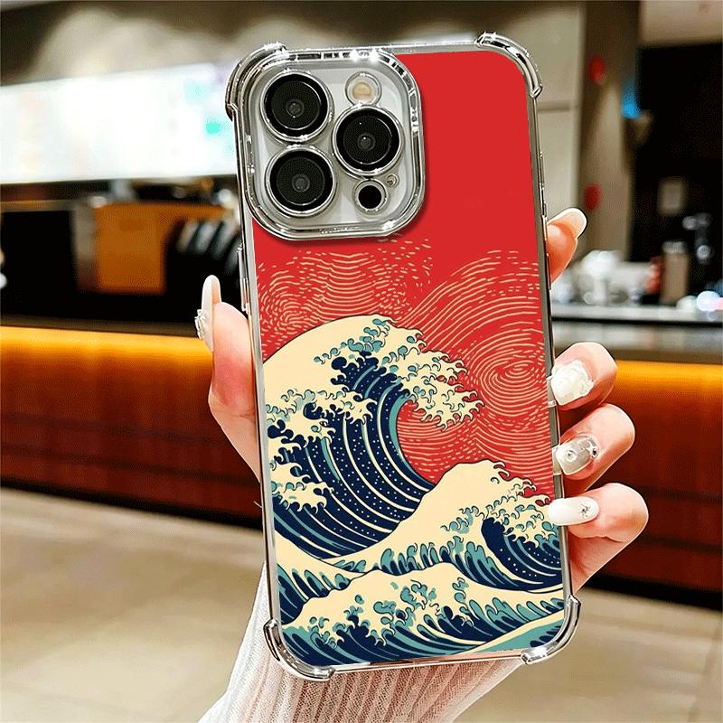 

Japanese Wave Kanagawa Surfing Plating Phone Case For Iphone 16 17 Pro Max Air 16E 14 15 Plus 12 13 Mini Anti-Fall Airabag Cover iPhone 12 Pro