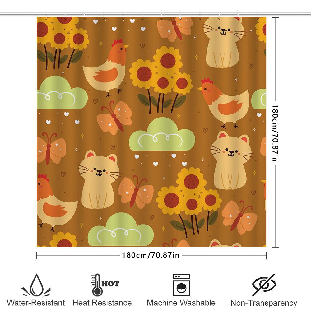 Cute Cartoon Animal Shower Curtain With Sunflower Print For Bathroom Decor Home Decoration Waterproof Fabric Shower Drapes Warm
