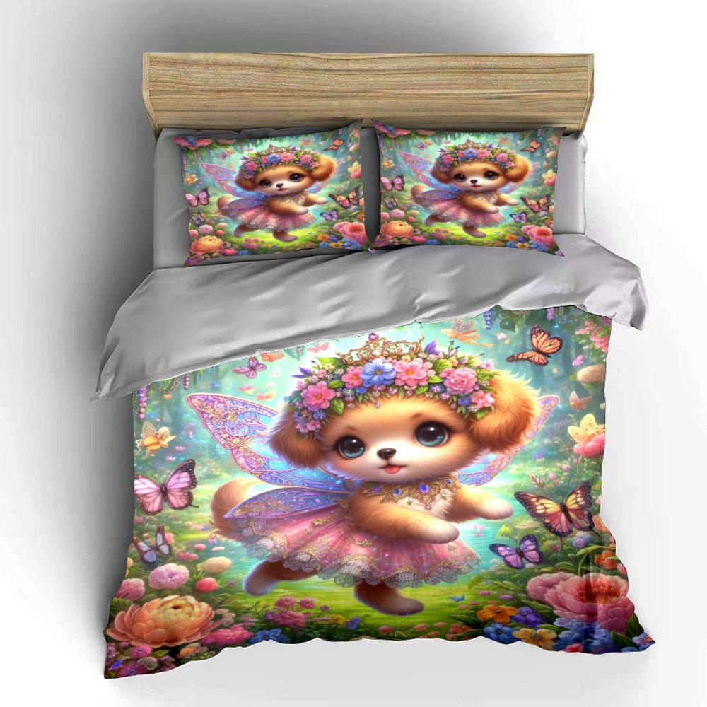 Fairy Dog Amidst Butterflies And Blooms Printed Duvet Cover Set1 Duvet Cover+2 Pillowcasemulti Size Bedroom Bedding Decor