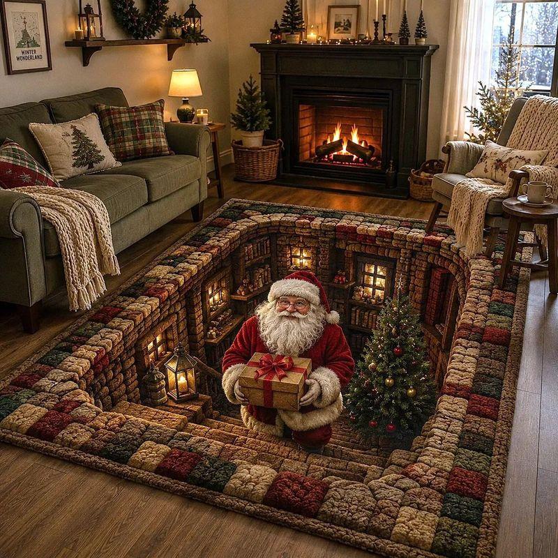 3D Visual Santa Claus Carpet, Durable Non-Slip Living Room Rug, Christmas Decorative Carpet for Home Decoration