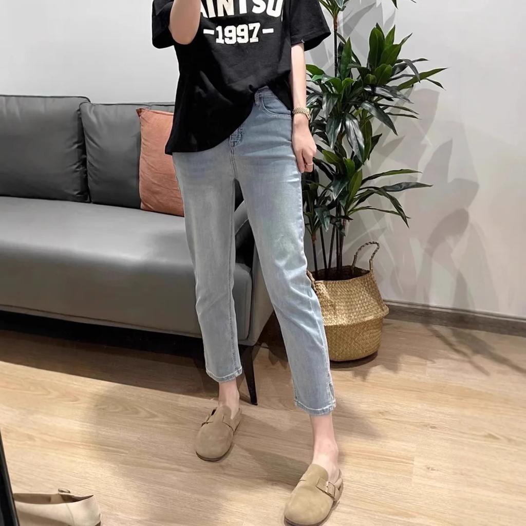 Tencel Eisseide High Waist Straight Leg Jeans Damen Übergröße Sommer Dünn Kleine Figur Schlankmachend Neunröhren Zigarettenhose