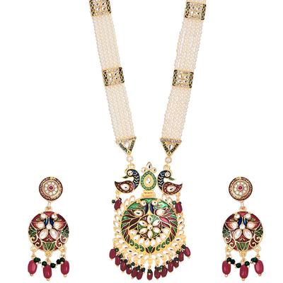 Jewellery Set Gold Plated Long Necklace Hyderabadi Design Pearl Peacock Necklace Set With Earring Jewellery For Women & Girls