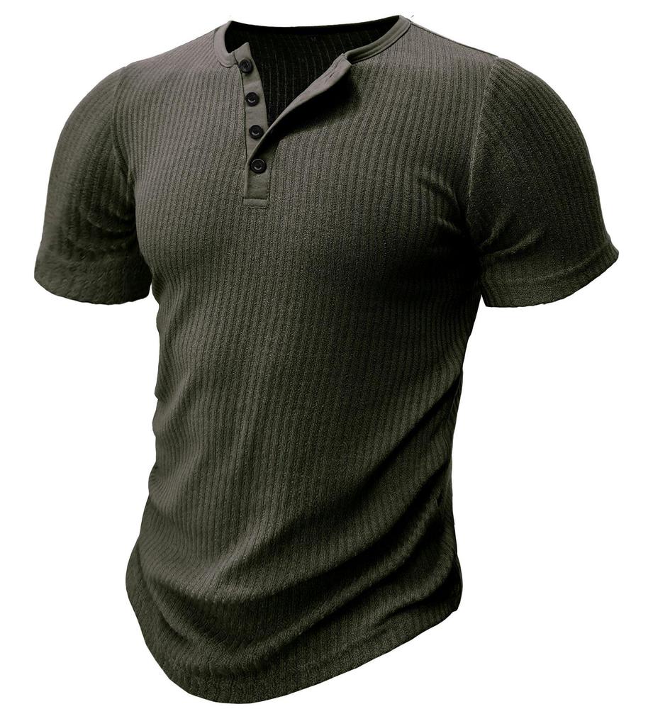 Men's Slim Fit Henley T-shirt: European & American Sports Style, Ribbed, Elastic, Short Sleeve, Solid Color