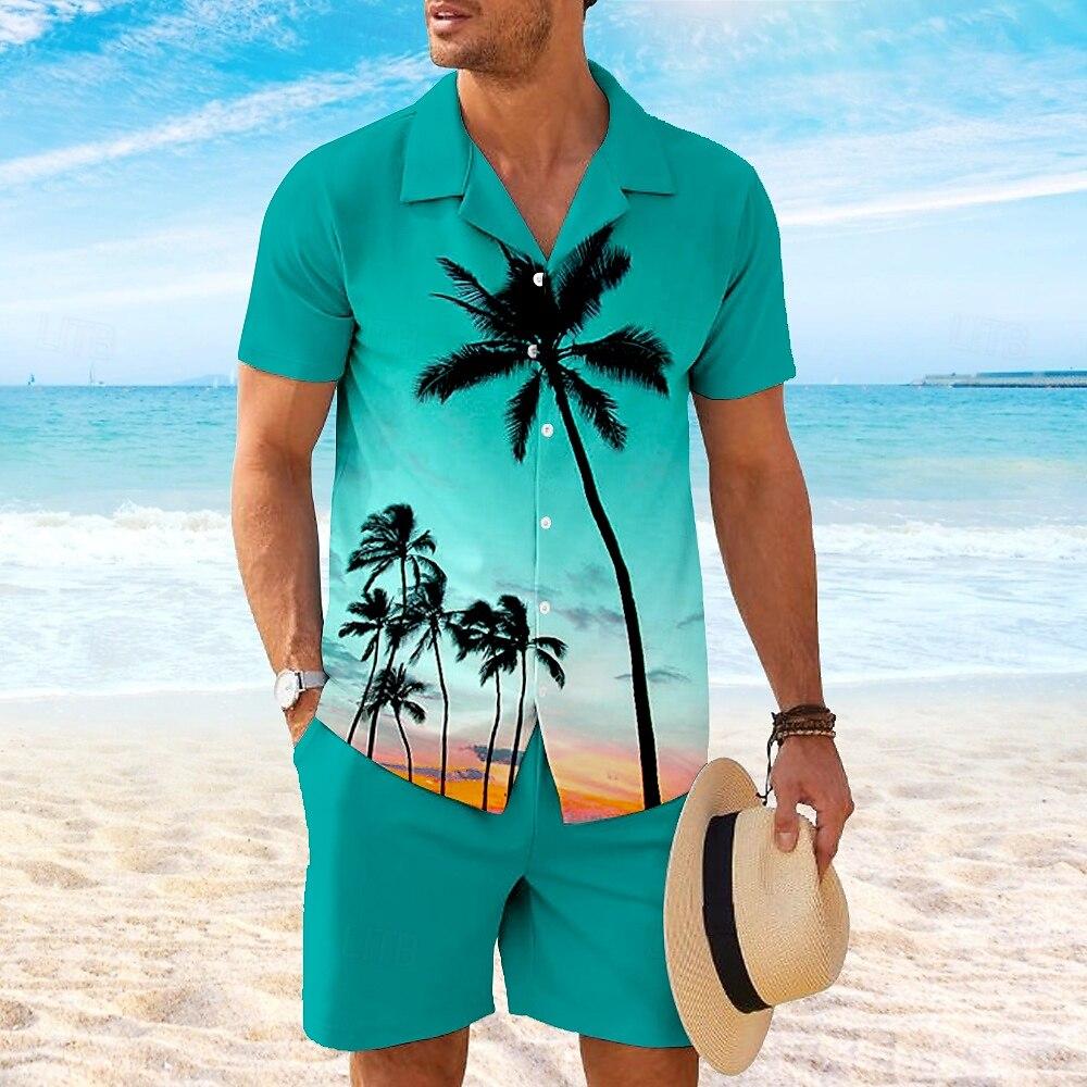 Men's Summer Sets Coconut Tree 3D Print Short Sleeve Tops +Shorts 2 Piece Hawaiian Beach Vacation Shirt Suit Fashion Men Outfit