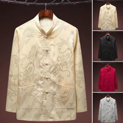Herren-Oberteil, chinesischer Stil, Stehkragen, einreihig, einfarbig, Drachenmuster, lose Taschen, lange Ärmel, traditionelles Hemd für ältere Männer mittleren Alters