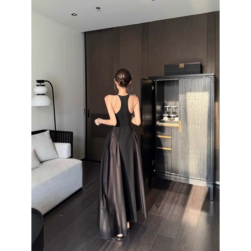 Kumikumi Pure Desire Style Black Patchwork Sling Dress Women Summer French Style Temperament Waist Hugging Large Swing Skirt Long Dress