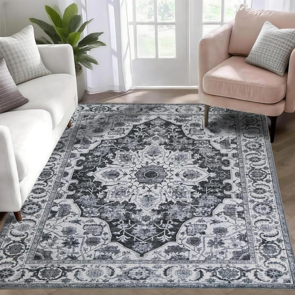 Non-Slip Boho Small Area Rugs for Entryway, Machine Washable Vintage Rug, Indoor Floral Print Carpet for Home Decor