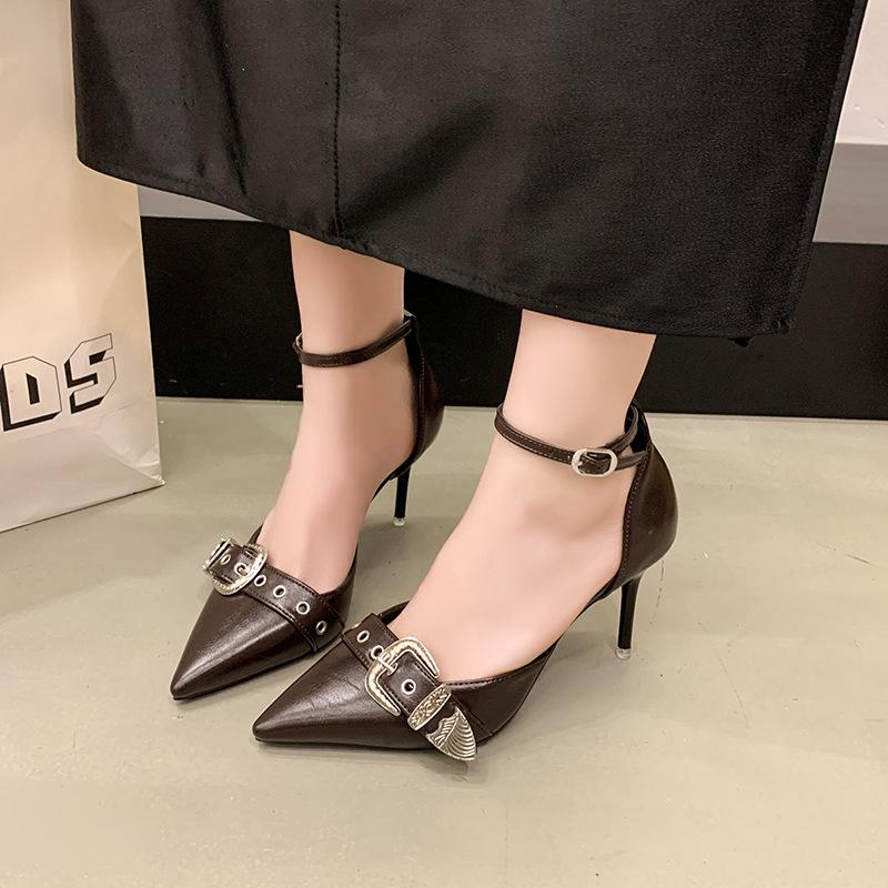 Comemore New Pointed Toe Pumps for Women Shallow Mouth Metal Buckle Thin High Heels Women's Shoes Hollow Single Shoes
