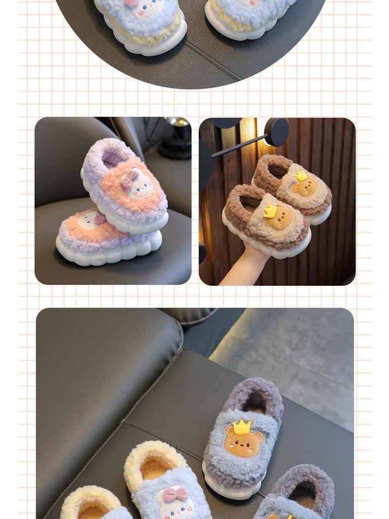 Winter Kids' Cotton Cartoon Slippers – Non-Slip, Plush, Closed-Back for Boys, Girls & Parent-Child Matching