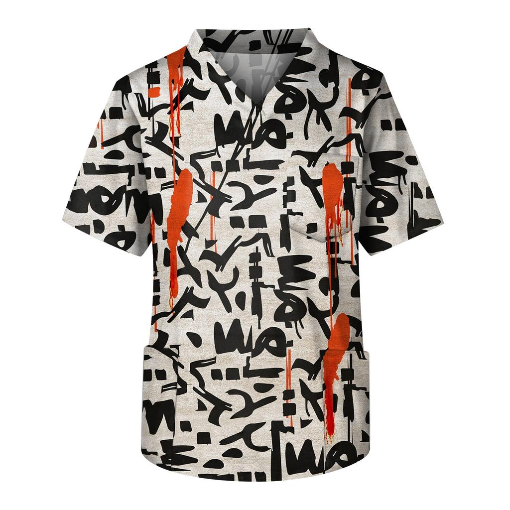 Mote Herre Kort Erm V-hals Trykket Arbeids Brystlomme Omsorgstopp