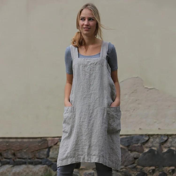AA Japan Style Cotton Linen Aprons Solid Color Cross Bandage X Shape Back Kitchen Cooking Clothes